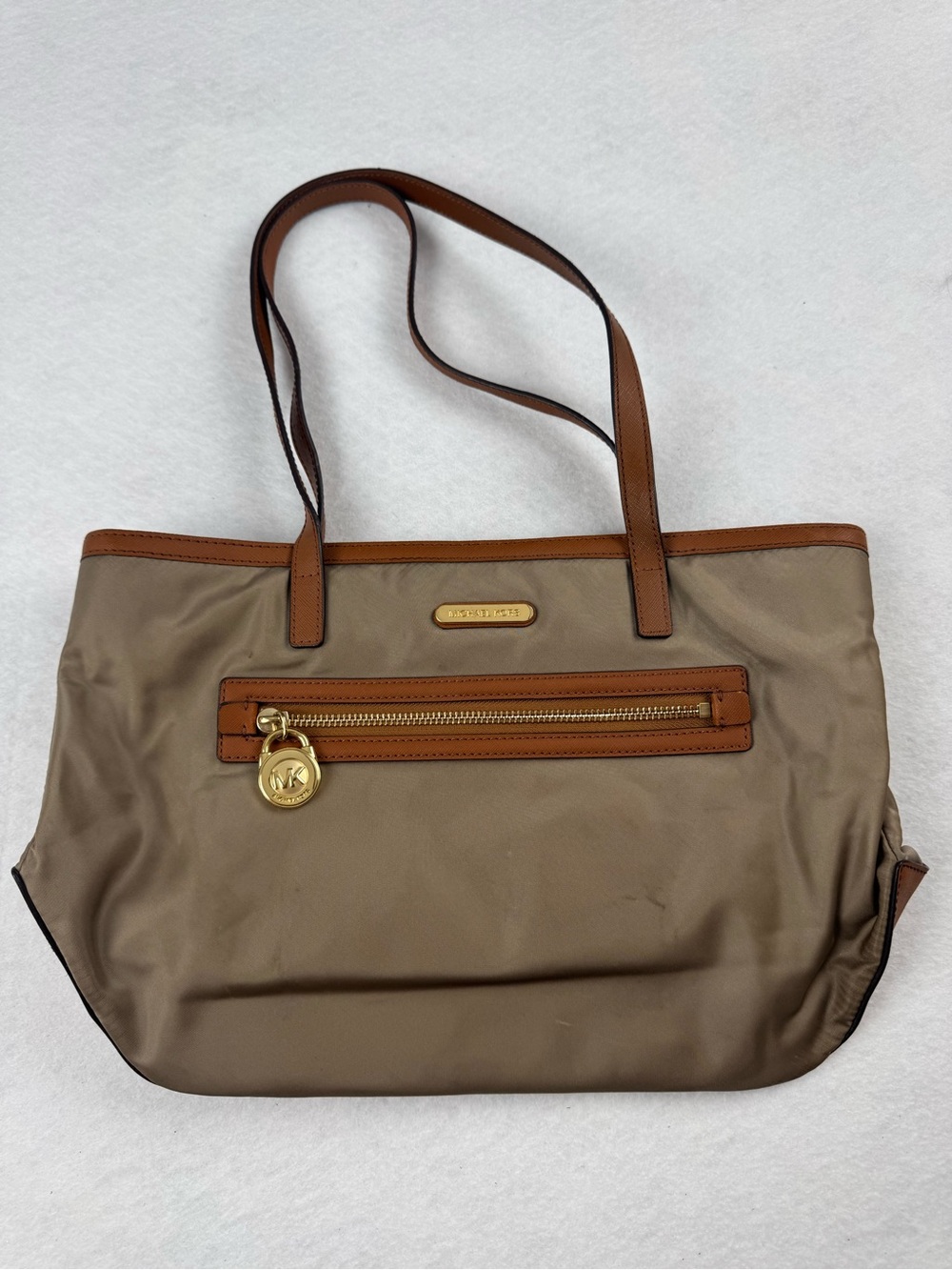 Michael Kors Tan Nylon Tote Bag Brown Leather Trim Shoulder Bag
